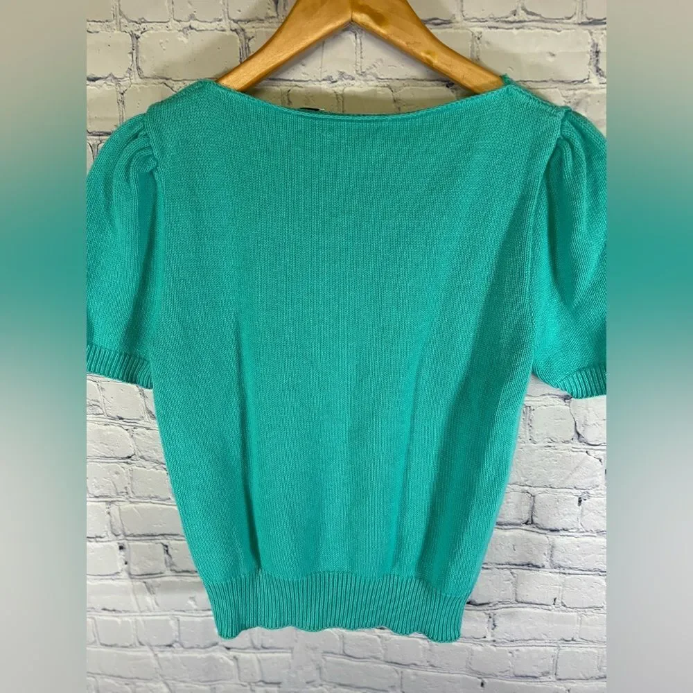 VINTAGE Talbots 90s Teal Blue Cotton Feminine Classic Short Sleeve Sweater S